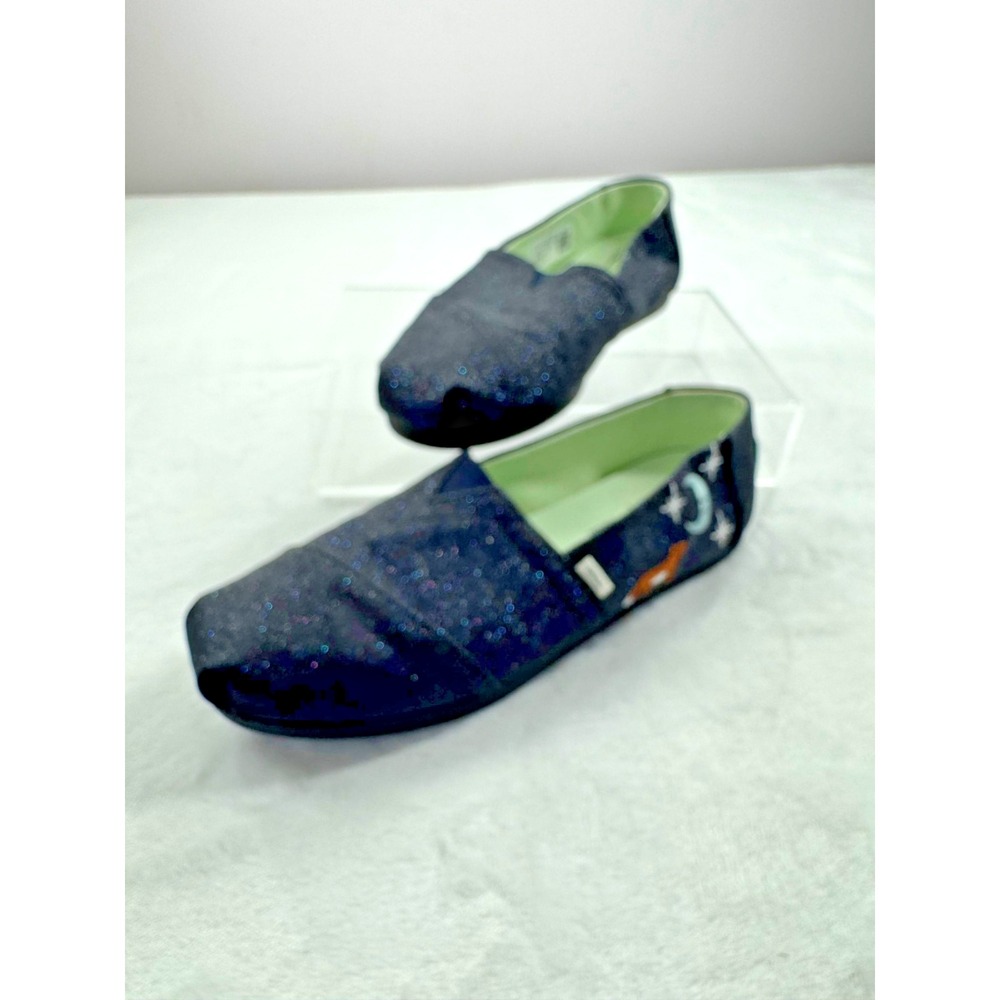 Toms Alpargata Flat Shoes Women's 7 Blue Glitter Fox Print Slip-on Lightweight - Picture 2 of 14